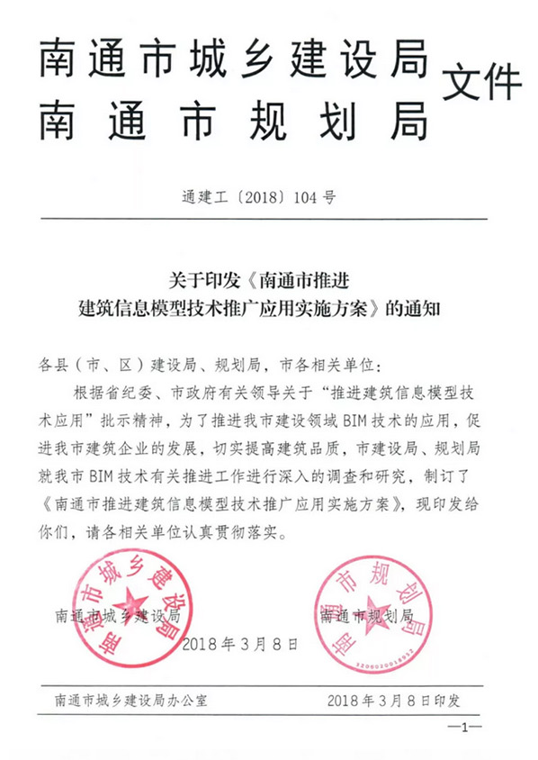 通建工〔2018〕104号 关于印发《南通市推进建筑信息模型技术推广应用实施方案》的通知